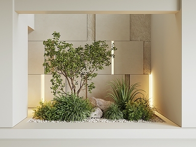 现代室内景观 楼梯景观 植物盆栽 地下室 天井