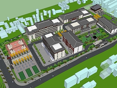 新中式中式校园景观 学校 中式 庭院 体育场