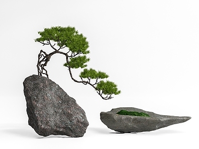 现代石头 景观石 庭院小品 松树 景观造景 雕塑