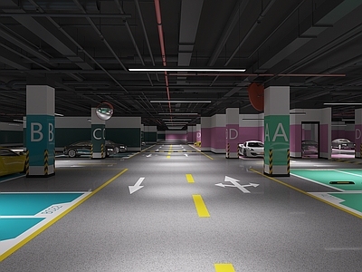 现代室内停车场 地下车库 停车场 管道顶 道路箭头