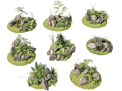 现代新中式庭院小品 新中式庭院石头 庭园植物造景 石块碎石岩石 庭院石头造景小品 石头植物造景