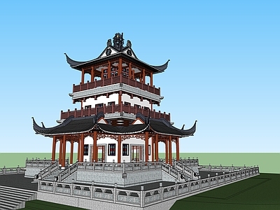 中式古建筑 三层楼阁 细微精致