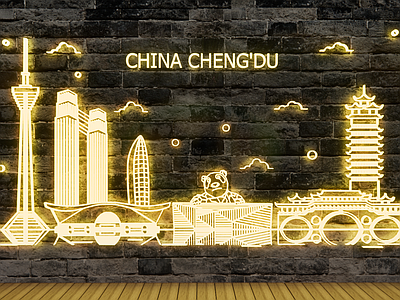 新中式霓虹灯 成都城市地标 世界旅游胜地 城市剪影 霓虹灯