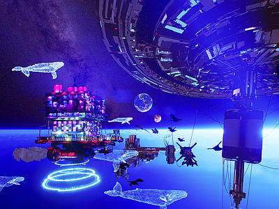 现代新中式风格建筑 宇宙飞船火箭 星球宇宙太空 赛博朋克 赛博朋克建筑 酒吧夜市文创集市