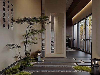 新中式茶馆 茶馆入门景观 景观小品 室内景观造景 茶室景观 植物景观