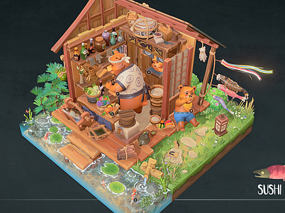 现代艺术风格建筑 寿司熊 小屋餐厅 小熊一家 杂货铺 卡通房子