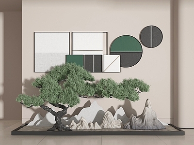 现代新中式室内景观 松树 小景 景观植物 装饰画 景观小品