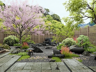 日式新中式乡村庭院 假山水景 老石板 樱花树 杂木庭院 竹篱笆