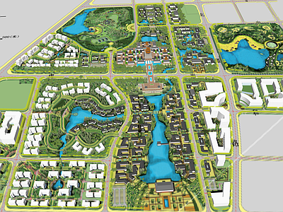 现代鸟瞰规划 古镇建筑景观 城市规划设计