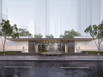 现代新中式小区景观 展示区 入口门楼 现代东方 景观亭 跌水景观