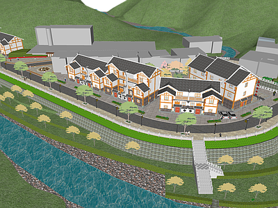 新中式现代乡村民房 新中式滨水住宅 新中式滨水建筑