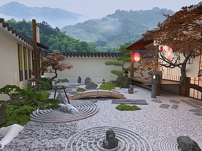 日式中式庭院 日式庭院 枯山水景观