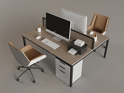 现代办公桌椅 职员办公桌椅组合 台式电脑鼠标键盘 升降旋转椅打印机