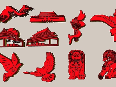 现代挂件 党建展示墙 中国风红色主题墙 文化展厅 长城华表柱 石狮子和平鸽