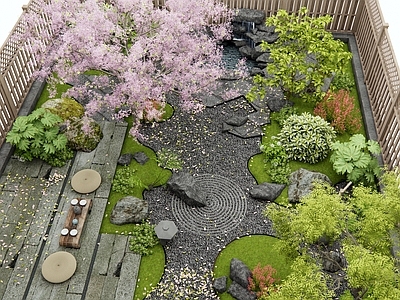 新中式庭院 杂木庭院景观 樱花树 枯山水 假山水景 老石板汀步