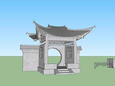 中式古建筑 景墙月洞方亭