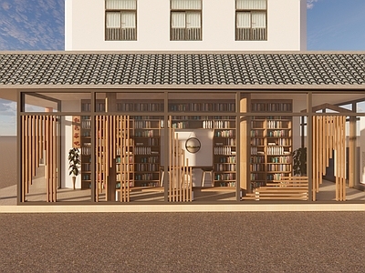 新中式现代文创展厅 红色书吧 玻璃书房 文创展厅 中式建筑