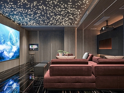 现代意式影音室 地下室影音KTV 影音室红酒柜酒架 影音室星空顶 投影仪投影幕布 影音室点歌台