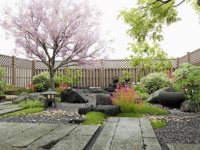 日式新中式庭院 老石板 景观石头 枯山水 灌木 樱花