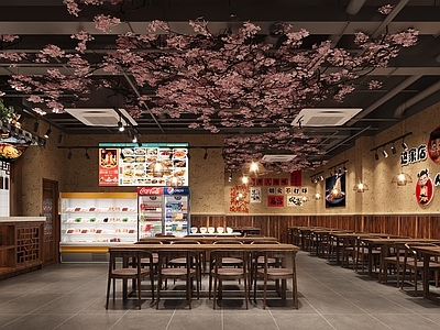 新中式复古中餐厅 新中式 餐馆 樱花装饰 哪吒装饰 冰鲜柜