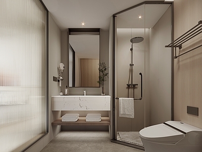 现代新中式酒店卫生间 现代酒店卫生间 现代酒店瓦楞玻璃 酒店卫生间 客房卫生间