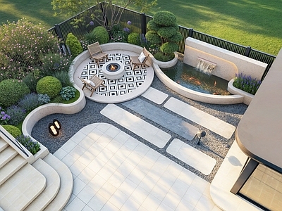 现代简约别墅庭院 现代简约庭院 弧形奶油花园 篝火卡座 花园凉亭 鱼池水景