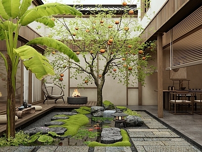 新中式日式庭院 天井庭院景观 中庭景观 水景 茶桌椅 柿子树