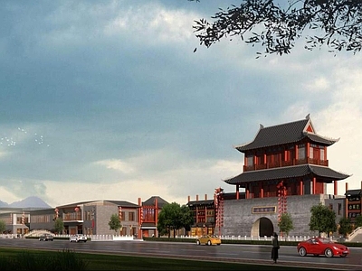 中式鸟瞰规划 古镇规划 城门城楼 古建筑