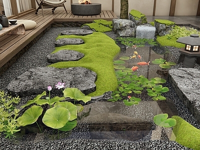 新中式日式假山水景 水景 鱼池 汀步 景观石头 水生植物