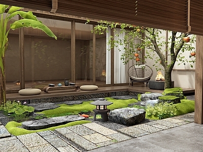 新中式庭院 中庭景观 天井庭院 鱼池水景 汀步 石板路