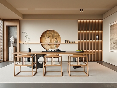 新中式禅意茶室 茶桌椅 茶具 茶室背景 挂画