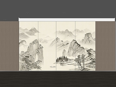 现代新中式背景墙 山水画硬包背景 客厅硬包背景 客厅背景墙 沙发背景墙 新中式背景墙