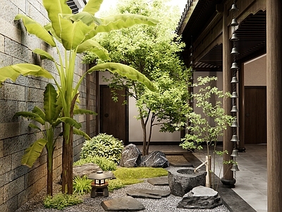 中式庭院 天井庭院 芭蕉 水钵 雨链 汀步