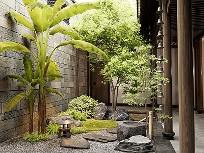 中式室内景观 天井庭院 枯山水 汀步 芭蕉 水钵雨链