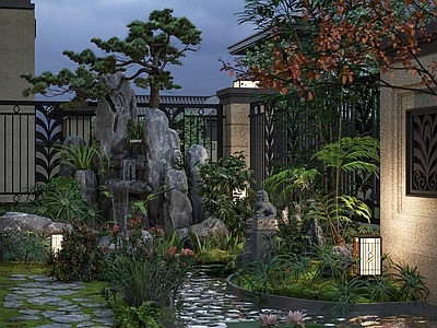 新中式现代室内景观 别墅庭院 池塘 水景 瀑布