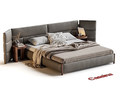 中古法式双人床 CASSINA Biombo 布艺双人床 地台长 大靠背双人床