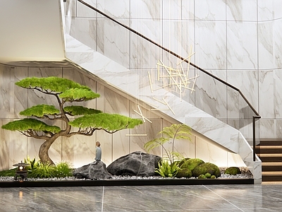 新中式楼梯间 室内景观造景 松树 苔藓石头 庭院小品 楼梯植物造景