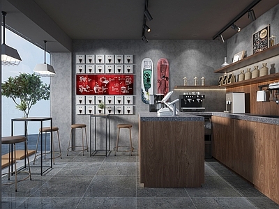 现代工业咖啡厅 现代原木风咖啡店 咖啡店休闲桌椅 咖啡制作机 咖啡储藏货架 滑滑板装饰墙挂