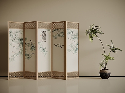 新中式隔断 新中式屏风隔断 木制屏风隔断 盆栽