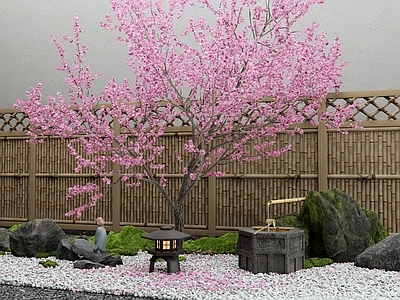 日式禅意庭院小品 枯山水 景观石头 水钵 桃花树 竹篱笆围栏