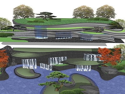 现代水景 水幕墙 跌水 假山水景 镜面水景