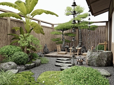 日式新中式庭院 民宿庭院 汀步 景观石头 灌木 植物造景