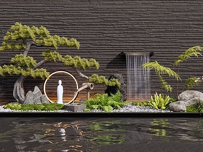 新中式假山水景 水景 庭院小品 植物造景 松树 花草植物