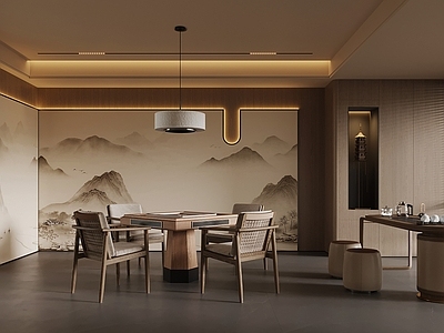 新中式包厢 新中式包厢 餐饮包间 餐桌椅 小茶台