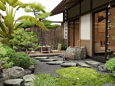 日式新中式庭院 汀步 水钵 户外桌椅 植物景观 灌木