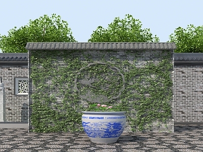 新中式中式景墙 影壁墙 照壁 景观墙 入口景墙 水缸