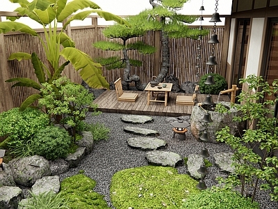 日式禅意庭院 灌木 松树 芭蕉 汀步 户外桌椅