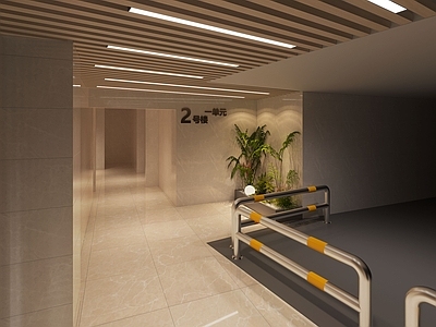 现代室内停车场 地下室入库 车库门厅