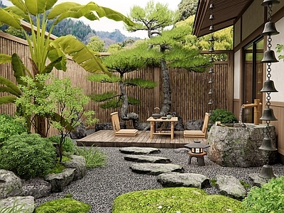 新中式禅意乡村庭院 民宿庭院 别墅庭院 汀步 水钵水景 户外桌椅