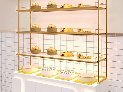 现代简约甜品面包店 蛋糕展柜陈列柜 面包甜品货架展柜 移动式货架展柜 烘焙店展示柜 白色格子小方砖